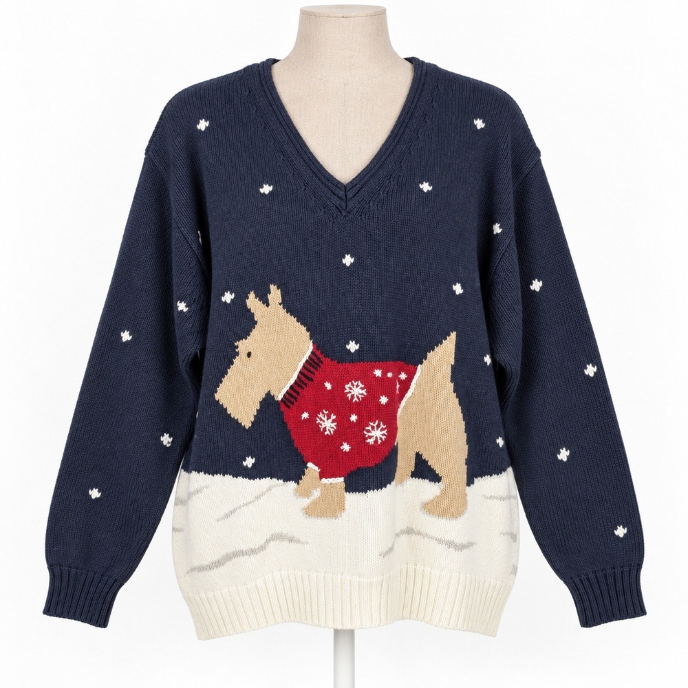 Vintage Y2K Scottie Dog Sweater Size L Blue Novelty Snowflake Ugly Christmas